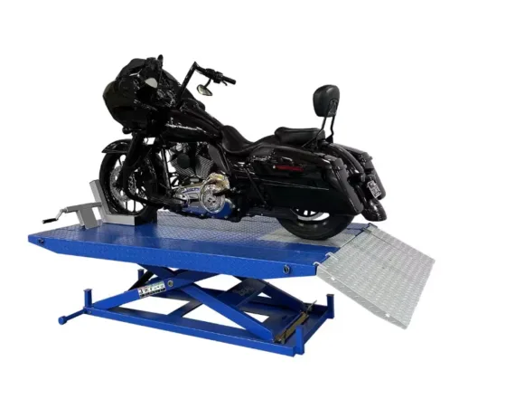 High Rise Motorcycle Lift Bench with Vise, Sides, Balance Bar, Pump 1,500 lbs.